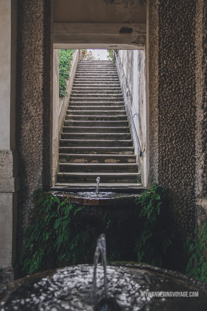 Villa d'Este fountain stairs | Visit UNESCO World Heritage Sites Villa Adriana and Villa d’Este in a day trip to Tivoli, Italy, a mountainside town about 30 kilometres from Rome. | My Wandering Voyage travel blog #rome #italy #travel #UNESCO
