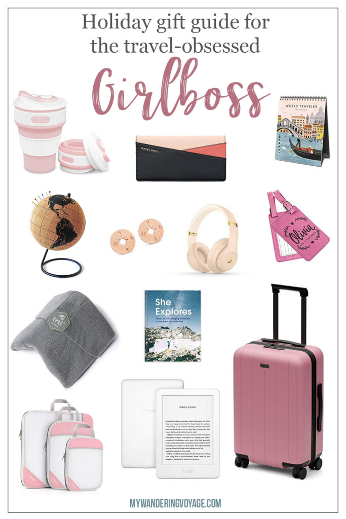 This ultimate guide of gifts for the travel-obsessed Girlboss is geared to help you figure out the perfect present for those who work full time and are dreaming of far off places. Travel gifts for the workplace. Travel gifts for the home. | My Wandering Voyage travel blog #giftguide #travel #girlboss