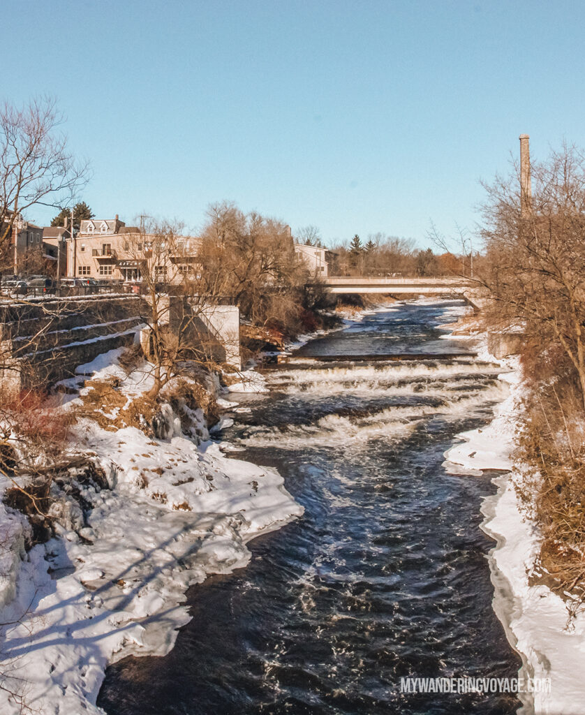view from the pedestrian bridge in Fergus | Best scenic bridges in Ontario you have to visit | My Wandering Voyage travel blog