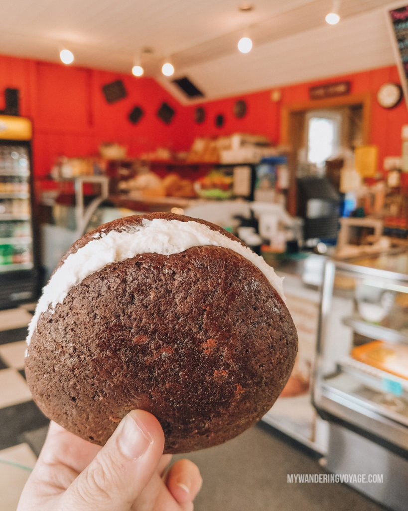Whoopie Pie in Bar Harbor, Maine | This New England road trip itinerary will take you on the scenic route from Boston to Portland, Mid Coast Maine and Acadia National Park. | My Wandering Voyage #Boston #Portland #Maine #travel